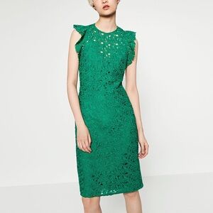 ZARA GREEN GUIPURE LACE MIDI DRESS BRAND NEW WITH TAGS XS